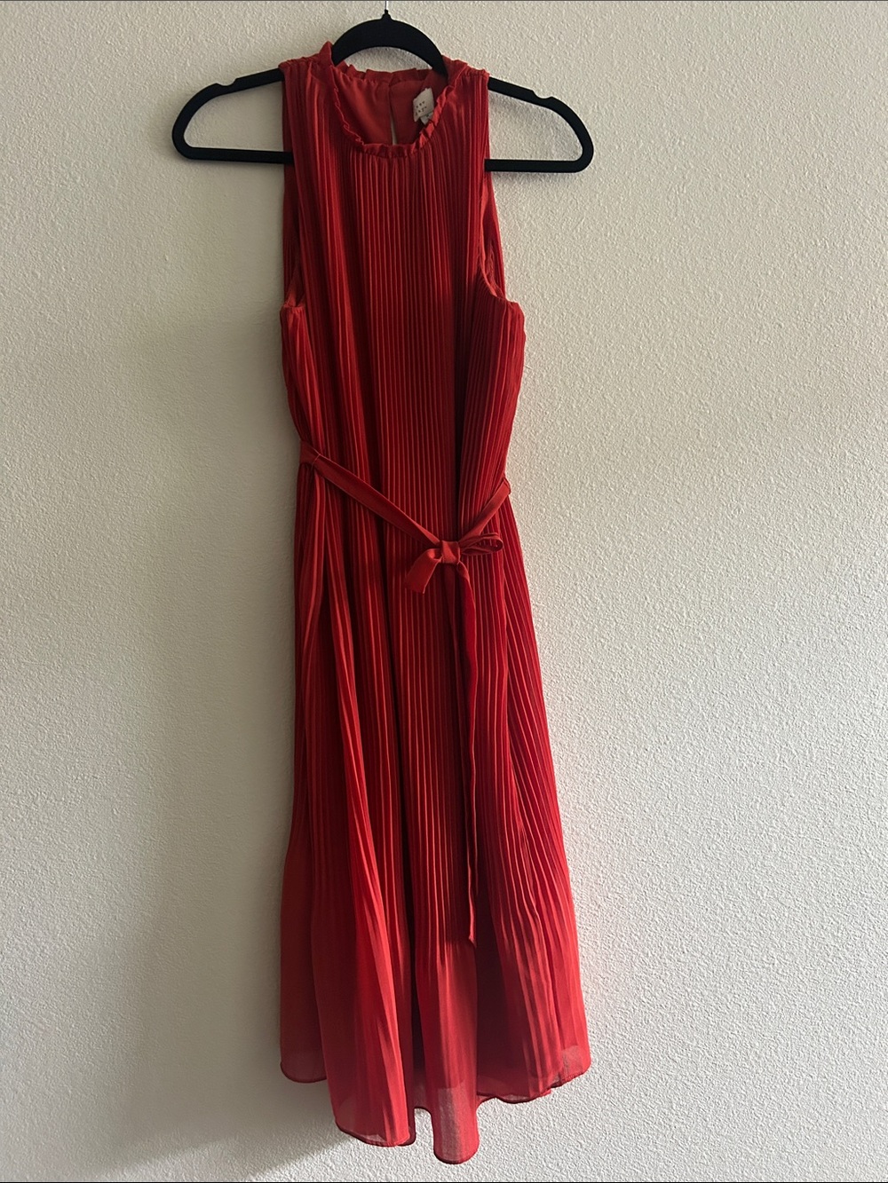 a new day orange Sleeveless Pleated below knee Dress with Waist Tie